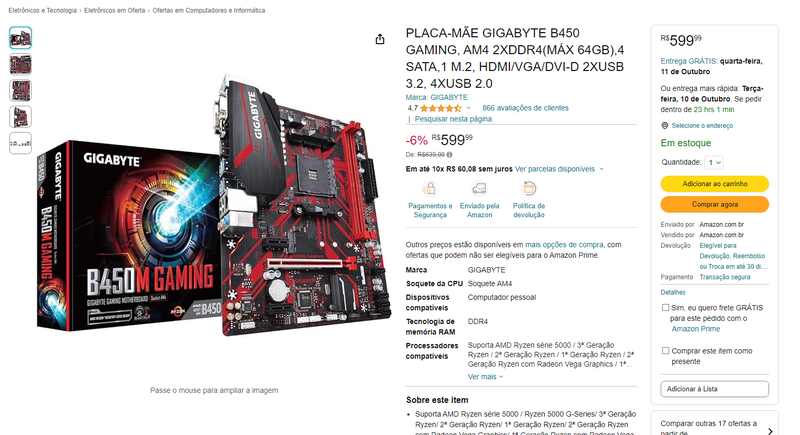 GIGABYTE B450 Gaming por R$ 599,99