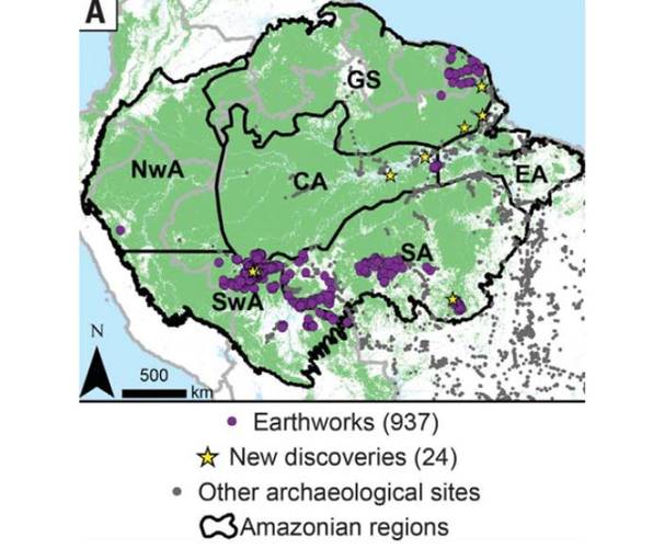 Os círculos roxos e estrelas amarelas representam as recentes descobertas em seis diferentes regiões da Amazônia.