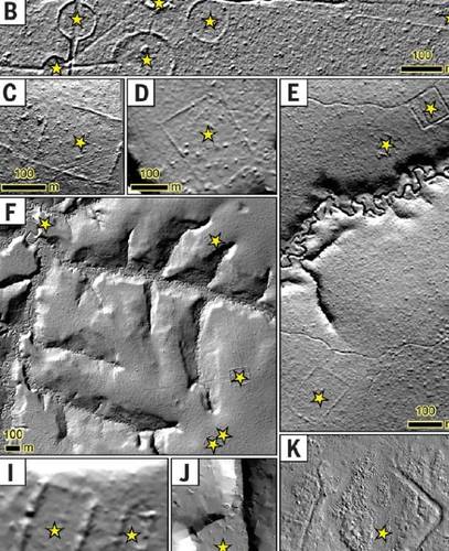 O estudo identificou sinais de estruturas arquitetônicas pré-colombianas, como é destacado nas estrelas amarelas.