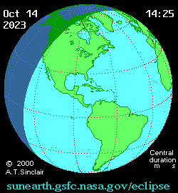 O GIF da NASA apresenta a rota do eclipse solar anular do dia 14 de outubro.