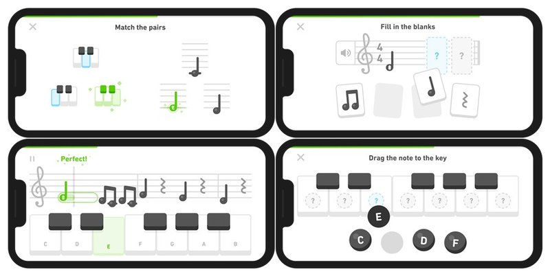 As lições práticas de música, que são com o telefone na horizontal.