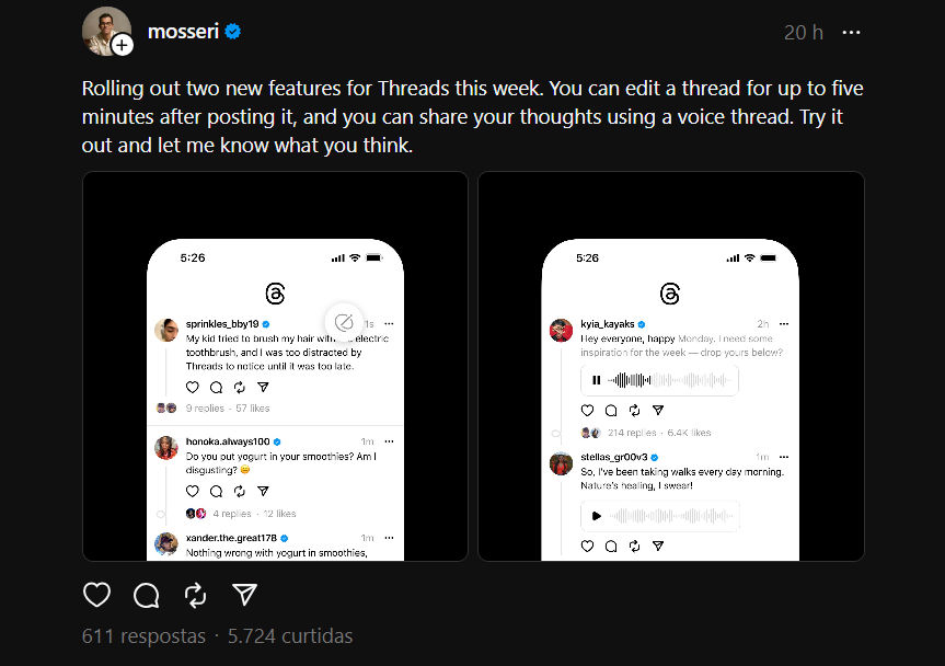 Adam Mosseri confirmou a novidade em um post no Threads