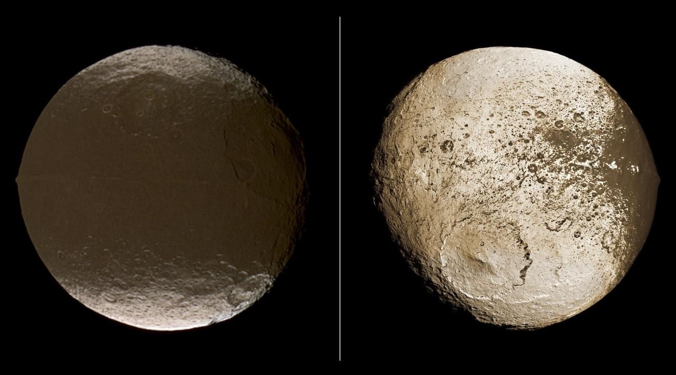 A depender de qual lado é realizada a observação, a lua Jápeto, de Saturno, exibirá uma superfície cheia de diferenças.