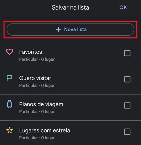 Aperte em "Nova lista" para criar uma nova e facilitar na hora de achar uma determinada rota