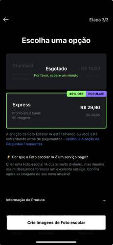 A criação de fotos em até 2 horas está em valor promocional.