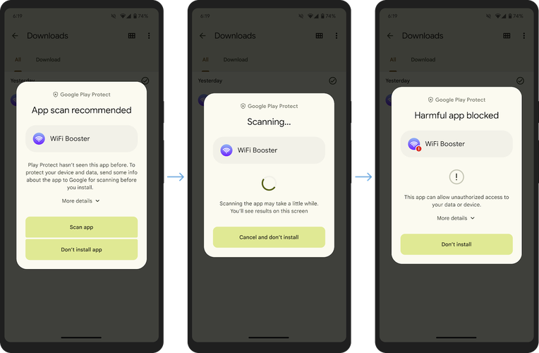 O novo mecanismo do Google Play Protect recomenda uma varredura em tempo real de apps nunca verificados antes.