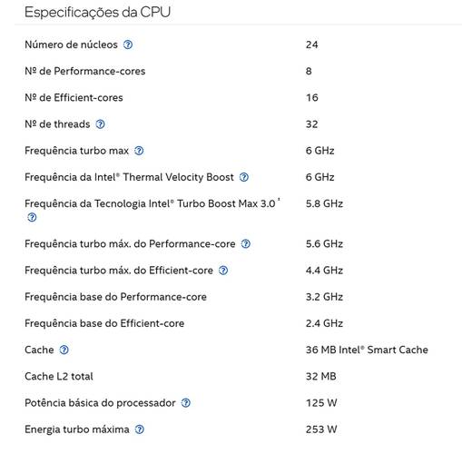 Especificações completas do Intel Core i9-14900K