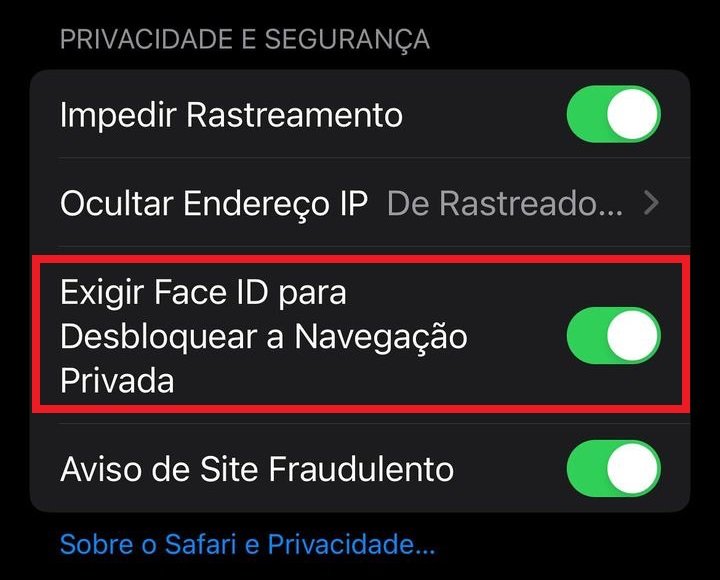 Procure pela opção "Exigir Face ID para Desbloquear a Navegação Privada" na lista