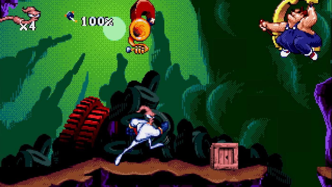 Earthworm Jim foi lançado em 1994 para o Mega Drive e mistura os gêneros plataforma e Run and Gun.