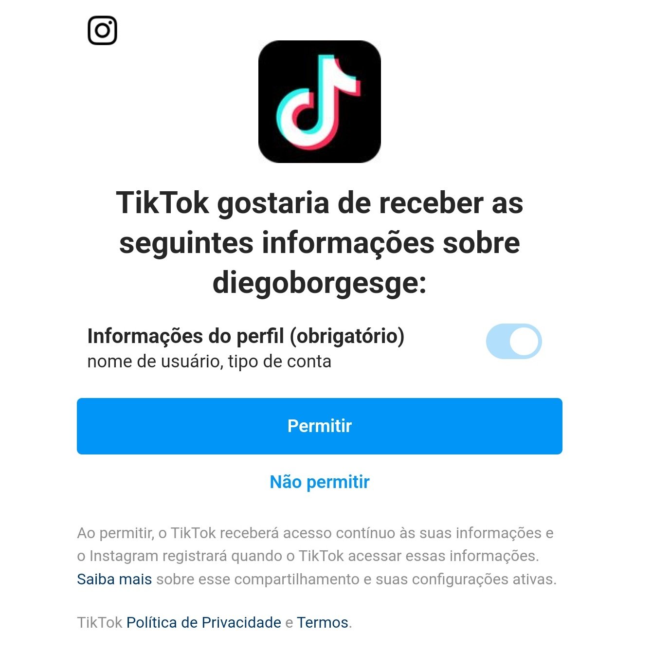 É preciso permitir ao TikTok acessar suas informações de perfil do Instagram para que as contas sejam associadas