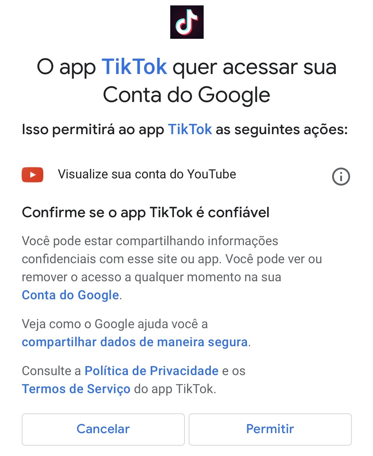 É preciso autorizar o TikTok na sua conta Google para que o link seja criado para o seu canal no YouTube