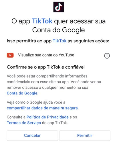 É preciso autorizar o TikTok na sua conta Google para que o link seja criado para o seu canal no YouTube