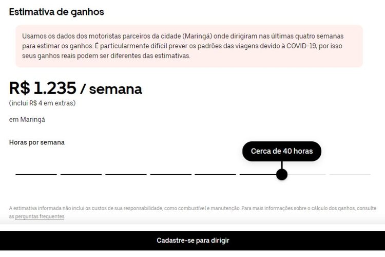 A estimativa do Uber não inclui custos como combustível e manutenção.