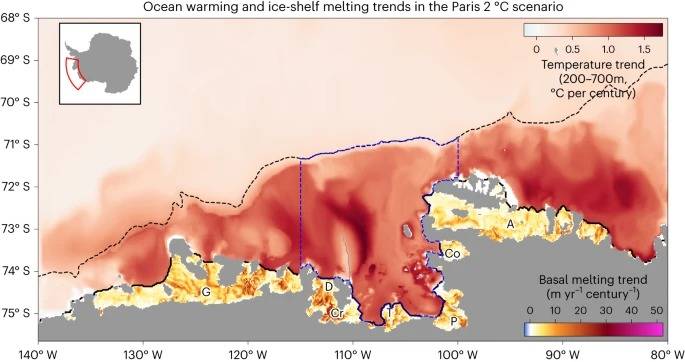 Mapa das tendências médias do conjunto na temperatura do oceano e no derretimento basal da plataforma de gelo no cenário Paris 2 °C.