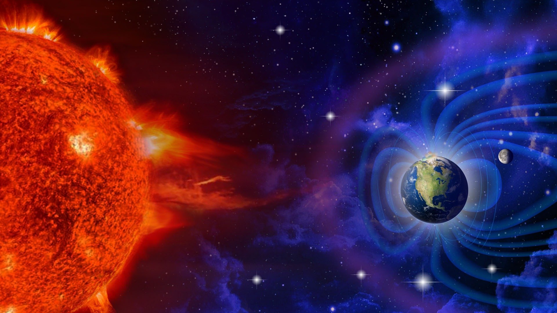 Ilustração do Sol interagindo com a magnetosfera da Terra.