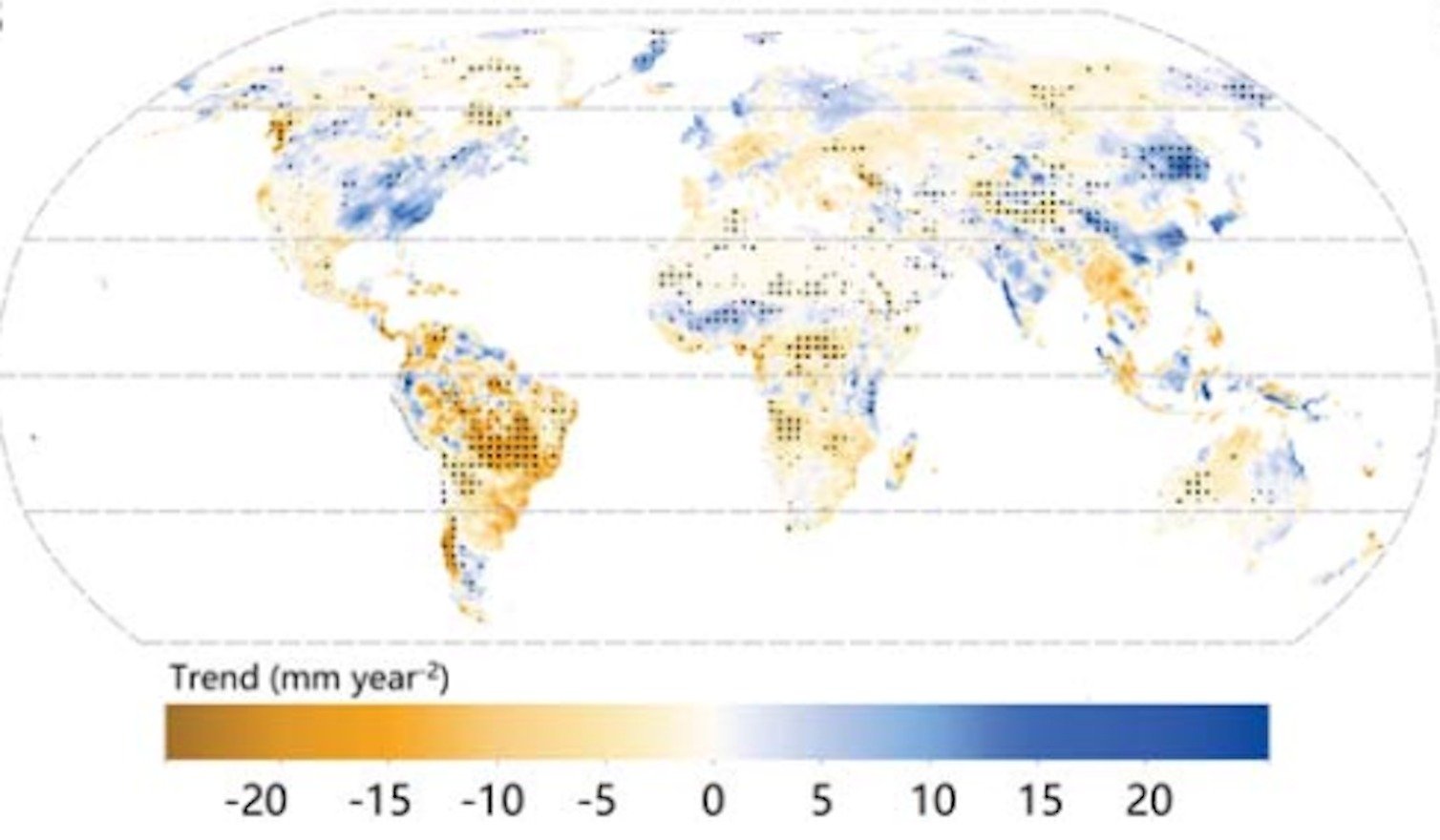 Tendências na disponibilidade de água 2001-2020. O Hemisfério Sul tem mais laranja do que azul.