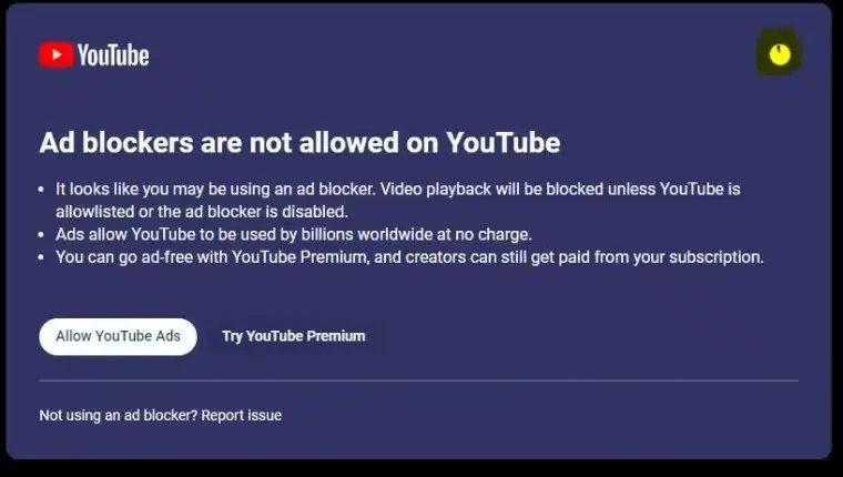 O YouTube passou a bloquear a reprodução de vídeos em navegadores com ad blockers ativos.