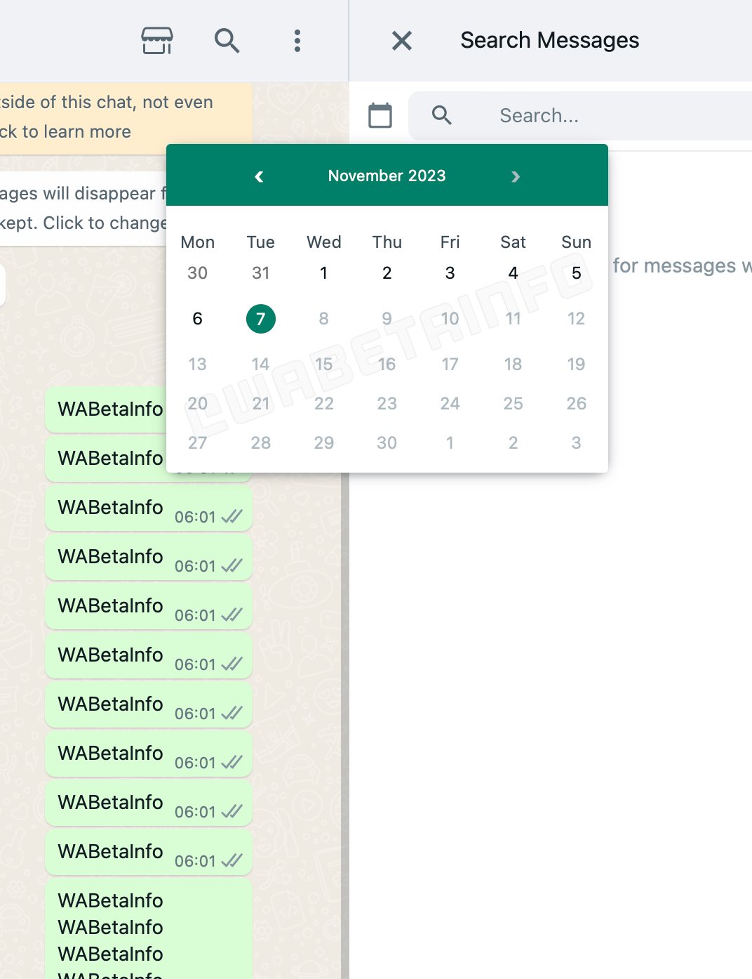 A ferramenta de busca por data permite encontrar conversas usando um calendário do WhatsApp.