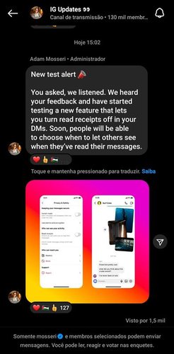 O Instagram permitirá desabilitar a confirmação de leitura das mensagens diretas.