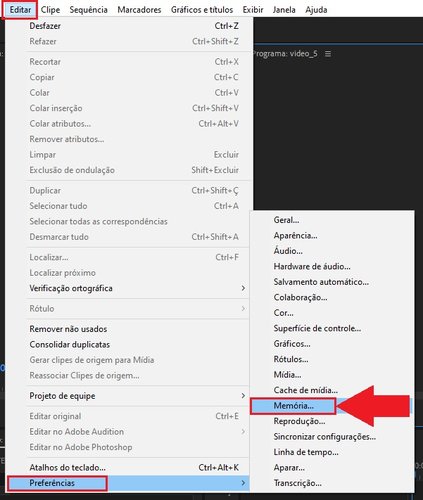 Faça o caminho para chegar até a opção "Memória" do Premiere Pro