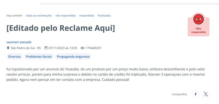 Reclamação do Vaumart Atacado no Reclame Aqui (Reprodução/Reclame Aqui)