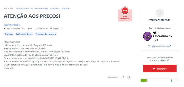 Reclamação do Vaumart Atacado no Reclame Aqui (Reprodução/Reclame Aqui)