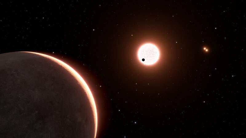 Conceito artístico do exoplaneta próximo LTT 1445Ac, que tem o tamanho da Terra e orbita uma estrela anã vermelha.
