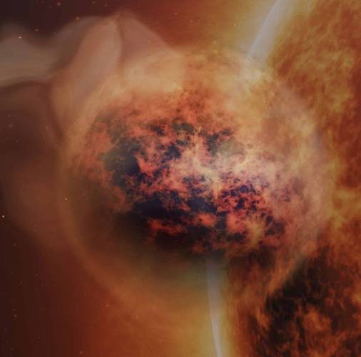 O exoplaneta WASP-107b (ilustração) está localizado a cerca de 200 anos-luz da Terra e, aparentemente, sua atmosfera possui nuvens que cria chuvas de areia.