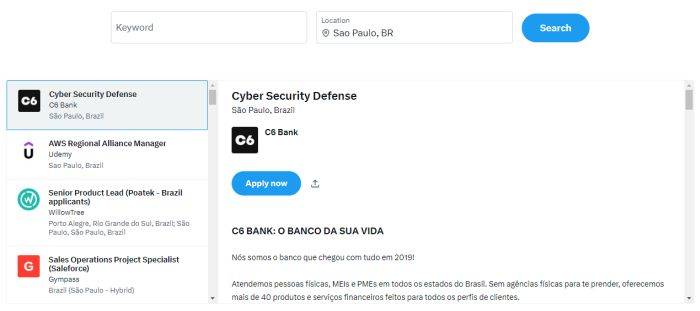 É possível encontrar algumas vagas de emprego no Brasil pela ferramenta.