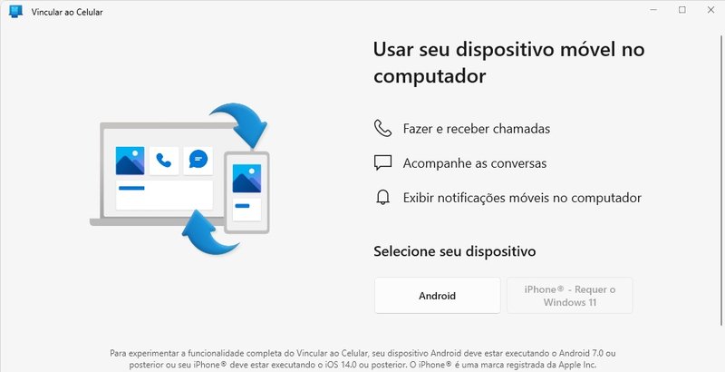 A tela inicial do Vincular ao Celular no Windows 10.