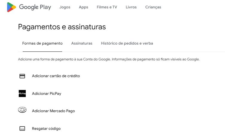 As atuais formas de pagamento da loja do Android, ainda sem o Pix.
