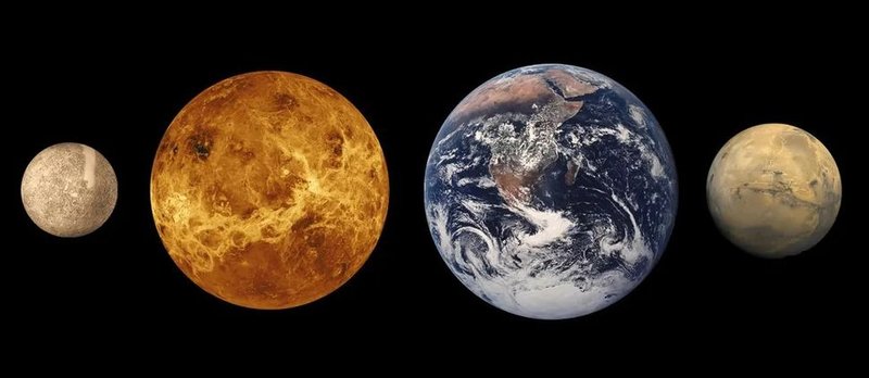 Esta ilustração mostra os tamanhos dos planetas terrestres internos (da esquerda para a direita: Mercúrio, Vênus, Terra e Marte).