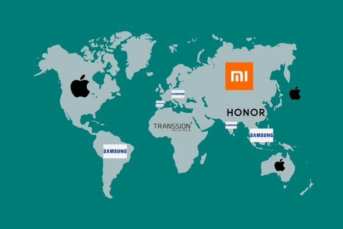Mapa mostra as marcas de celulares mais vendidas em cada região.