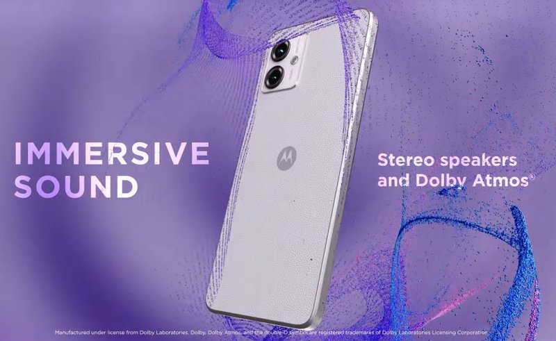 O Moto G14 tem som estéreo com Dolby Atmos.