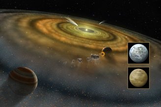 Os planetas do sistema solar formaram-se num disco protoplanetário num processo de acreção central de baixo para cima.