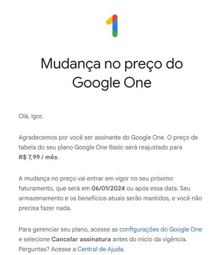 O reajuste no preço do Google One foi comunicado por e-mail aos assinantes.