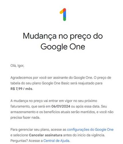 O reajuste no preço do Google One foi comunicado por e-mail aos assinantes.