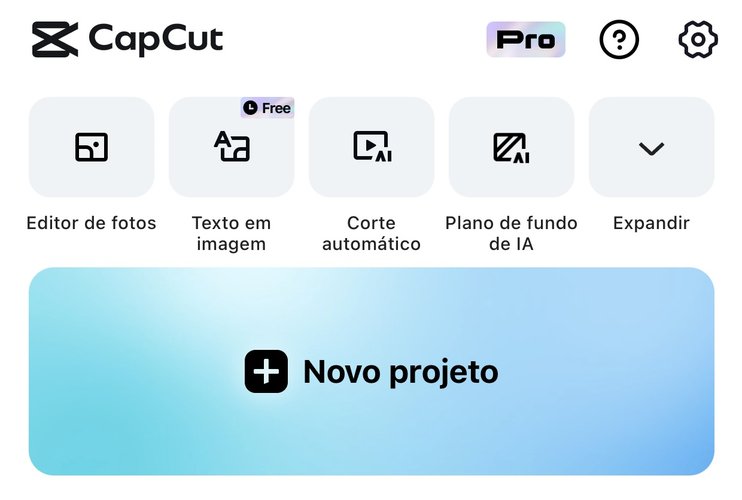 Aperte em "Novo projeto" para começar a editar um novo vídeo