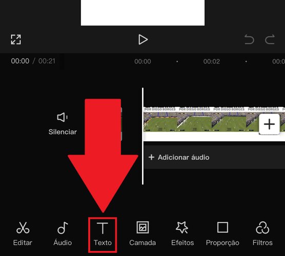 A opção "Texto" fica na parte inferior da Tela de Edição