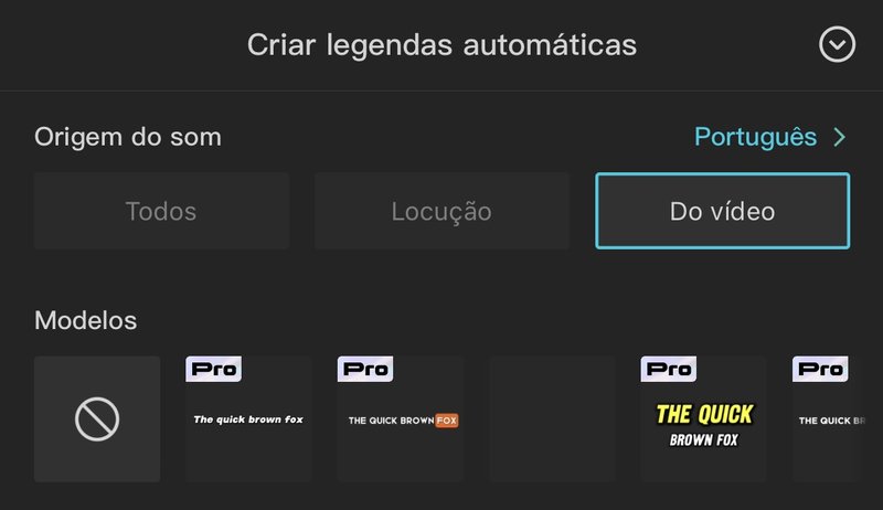 É possível escolher a linguagem do texto das legendas e o modelo visual que será aplicado