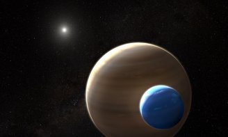 Exomoon candidate Kepler-1625b-i, the planet it orbits and the star at the center of the star system.