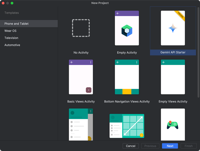 Há um novo template de projeto no Android Studio que já conta com a estrutura da API Gemini.