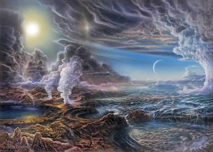 Representação artística do surgimento da vida na Terra primitiva.