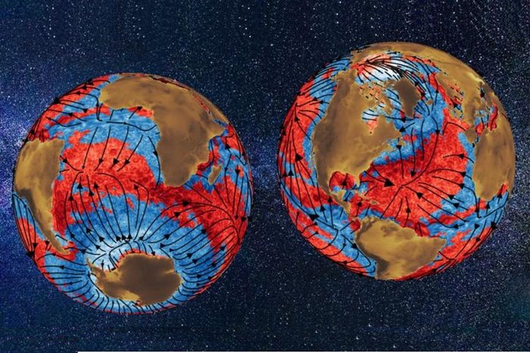 Modelo mostra padrões climáticos oceânicos impulsionados pela atmosfera, marca pelas linhas pretas. (Imagem: Divulgação/Universidade de Rochester)