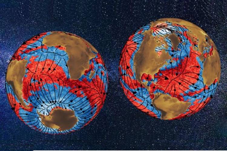 Modelo mostra padrões climáticos oceânicos impulsionados pela atmosfera, marca pelas linhas pretas. (Imagem: Divulgação/Universidade de Rochester)