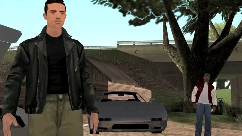 Claude, protagonista de GTA 3, em missão de GTA San Andreas.