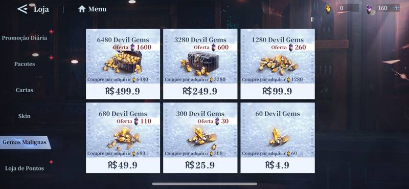 Valores para adquirir Devil Gems na loja de Devil May Cry: Peak of Combat.