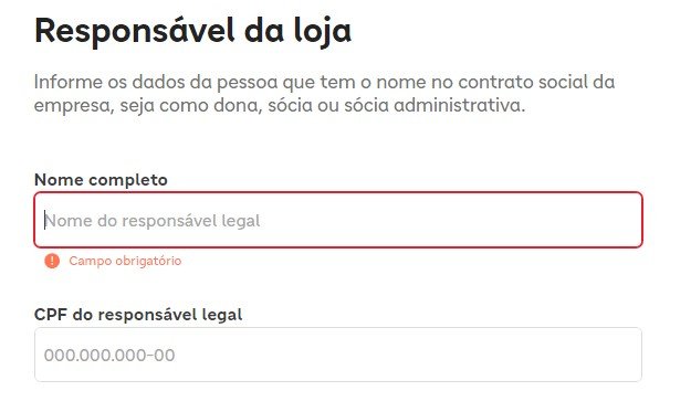 É preciso preencher o Nome Completo e CPF do responsável direto pela loja