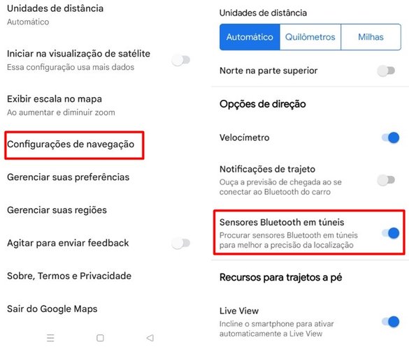 A ativação da busca por sensores Bluetooth no Google Maps para Android.