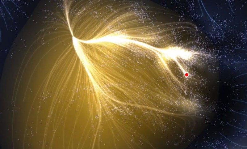 Representação artística do superaglomerado de Laniakea. O Aglomerado de Virgem está localizado no ponto vermelho indicado.